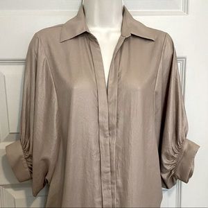 BCBG Maxazria khaki Balloon Sleeve Polyester Blouse Button Down top